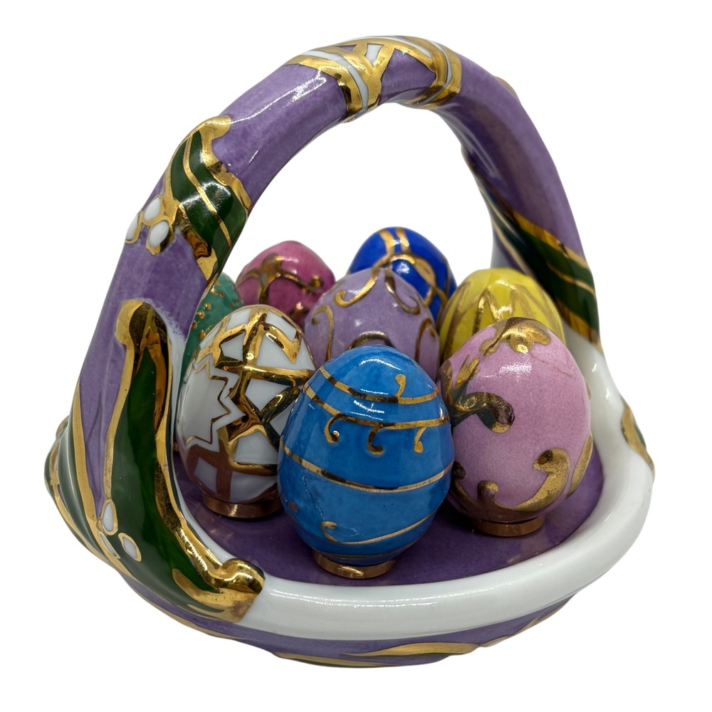 Hand Painted Porcelain Easter Basket with 8 Gold Trimmed Miniature Eggs Figurine